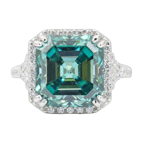 8.7 ct DEW Blue Moissanite Asscher Solitaire Ring - 18K Gold Vermeil on 925 Sterling Silver