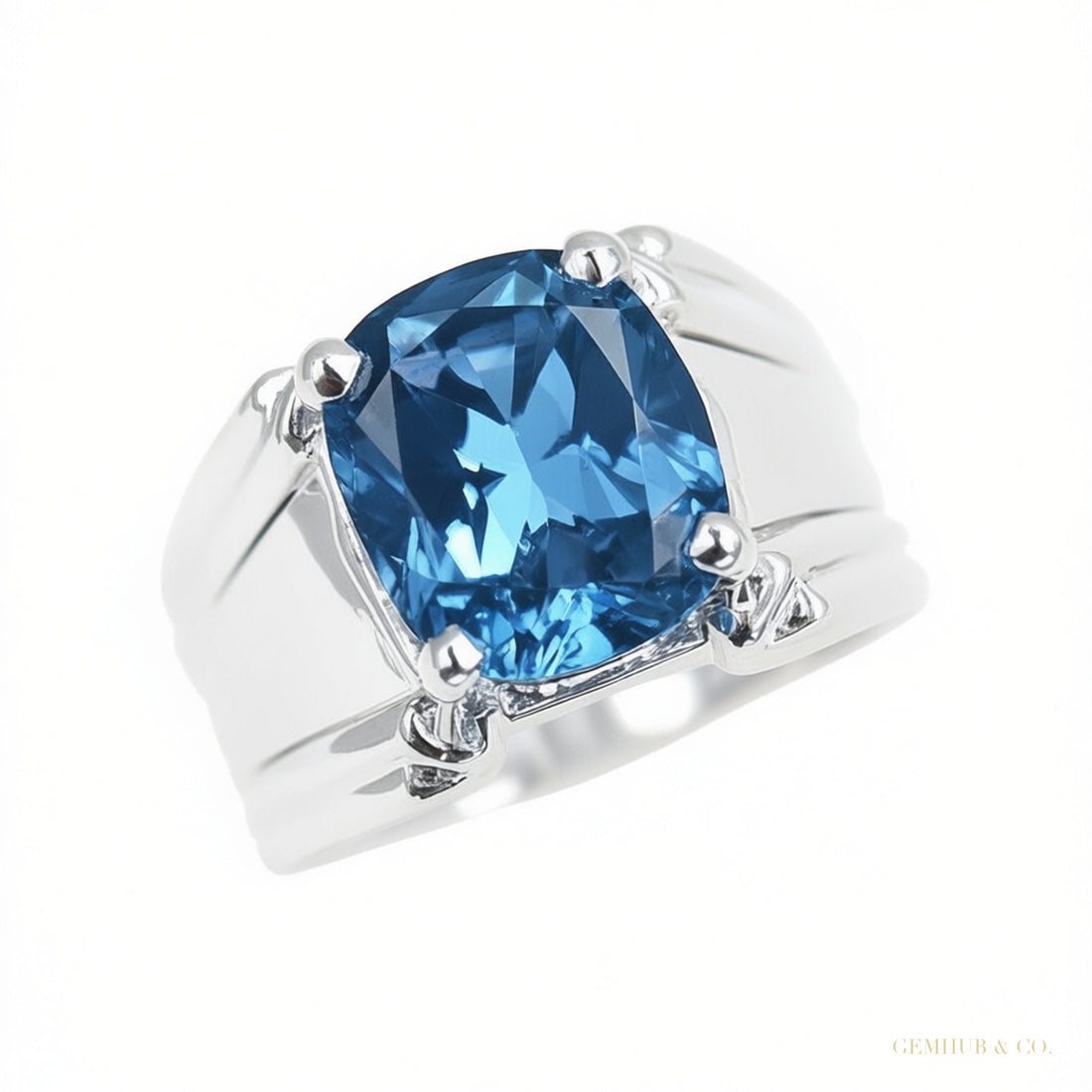 8.30 ct DEW Certified Cushion Cut Blue Moissanite Solitaire Ring In 18K Gold Plated Vermeil – white background main image