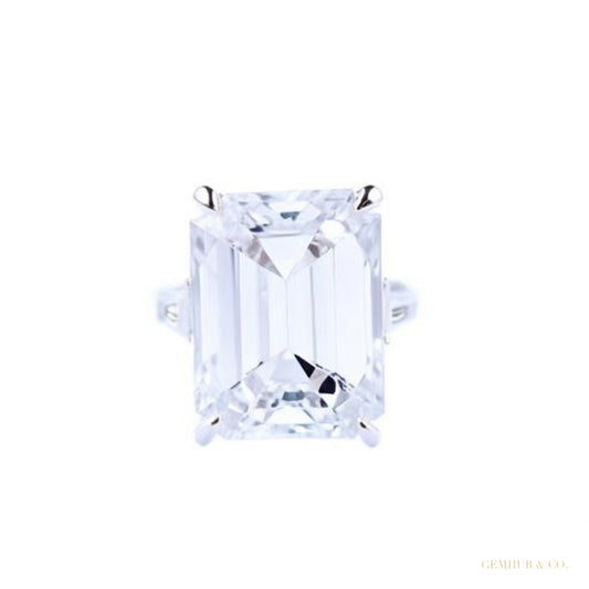 8.30 ct DEW Emerald Cut Off White Moissanite Ring Certified Sparkle 18K Gold Plated Ver 18K Gold Plated – white background main image
