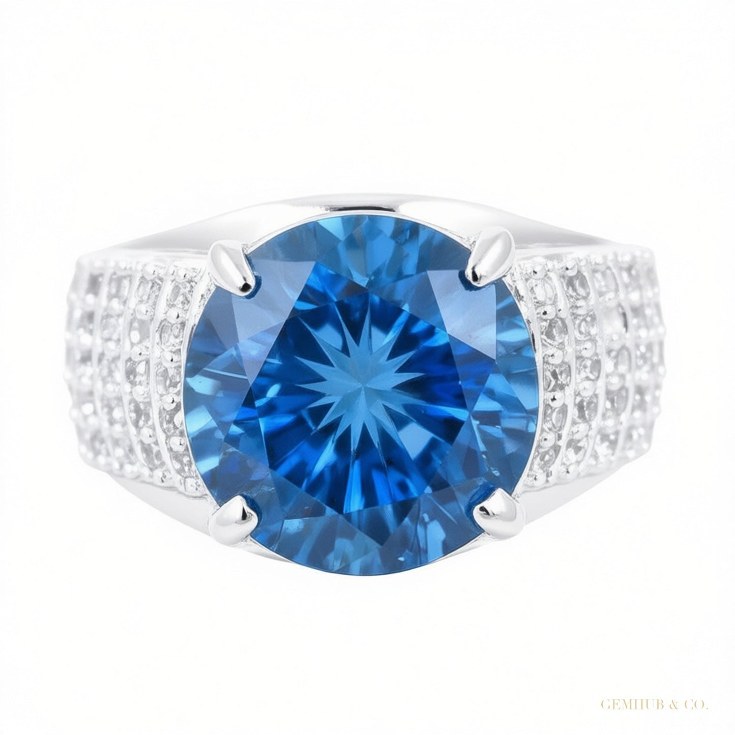8.55 ct DEW Certified Round Cut Blue Moissanite Solitaire Ring 18K Gold Plated – white background main image