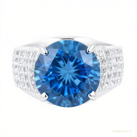 8.55 ct DEW Certified Round Cut Blue Moissanite Solitaire Ring 18K Gold Plated – white background main image