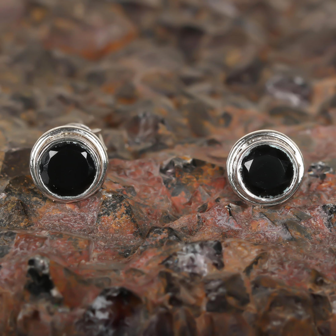 GEMHUB 925 Sterling Silver Gemstone Stud Earrings - Black Agate 6.10 Ct