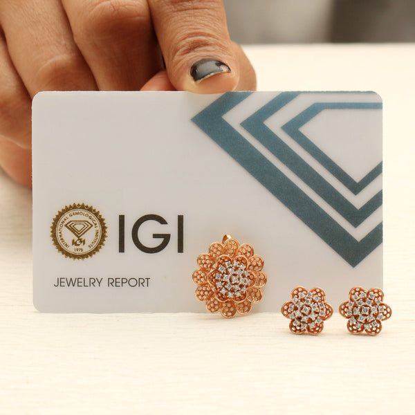 0.59 Ct. IGI Certified 18KT Rose Gold Natural Diamond Pendant And Earrings Set