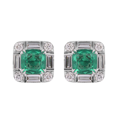 14K/18K Lab Grown Emerald Asscher Cut Earrings with Diamond Halo