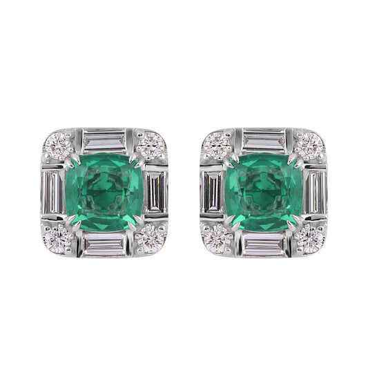 14K/18K Lab Grown Emerald Asscher Cut Earrings with Diamond Halo