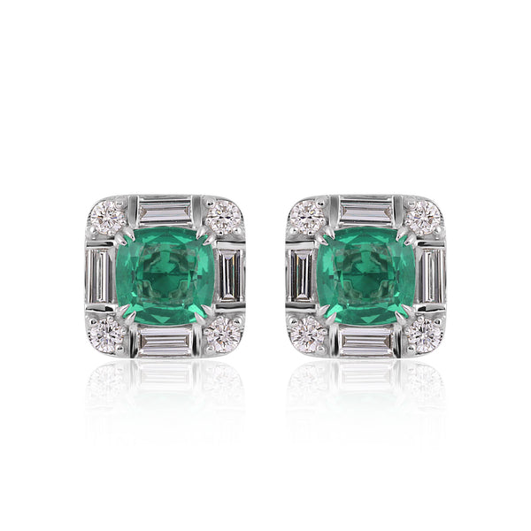 14K/18K Lab Grown Emerald Asscher Cut Earrings with Diamond Halo