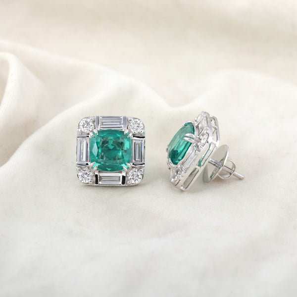 14K/18K Lab Grown Emerald Asscher Cut Earrings with Diamond Halo