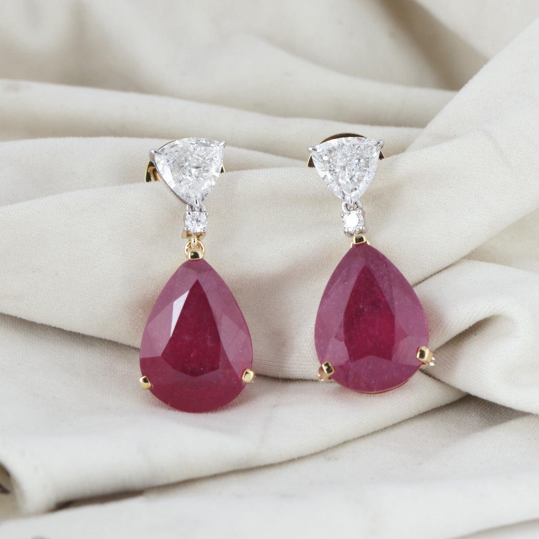 14K/18K Lab Grown Ruby Pear Cut Earrings with Diamond Pave