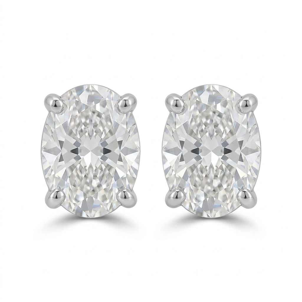 18K Lab Grown Diamond Oval Cut Stud Earrings, 2 Ct pair in white gold
