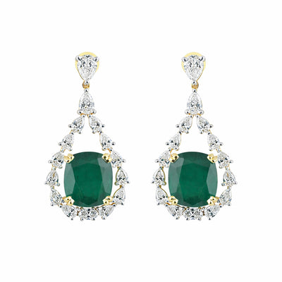 9K/14K Lab-Grown Emerald Oval Halo Drop Earrings