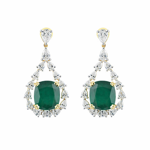 9K/14K Lab-Grown Emerald Oval Halo Drop Earrings