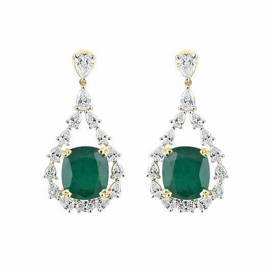9K/14K Lab-Grown Emerald Oval Halo Drop Earrings