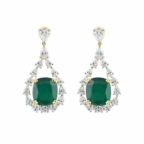 9K/14K Lab-Grown Emerald Oval Halo Drop Earrings