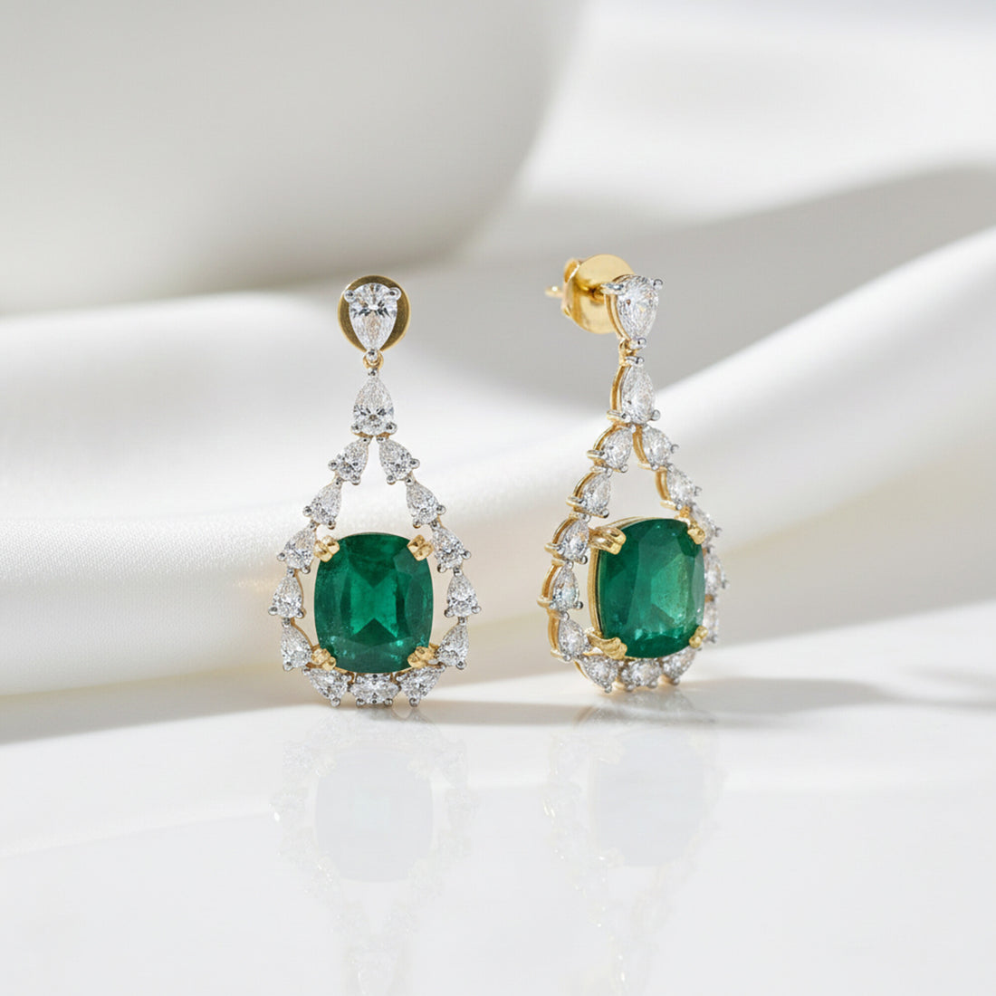 9K/14K Lab-Grown Emerald Oval Halo Drop Earrings