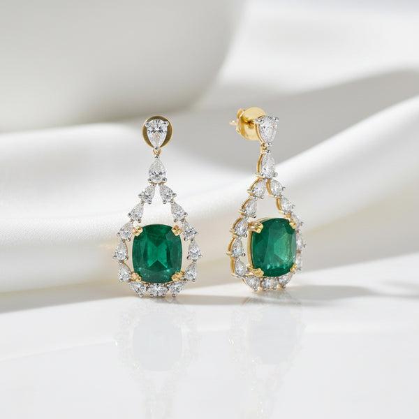 9K/14K Lab-Grown Emerald Oval Halo Drop Earrings
