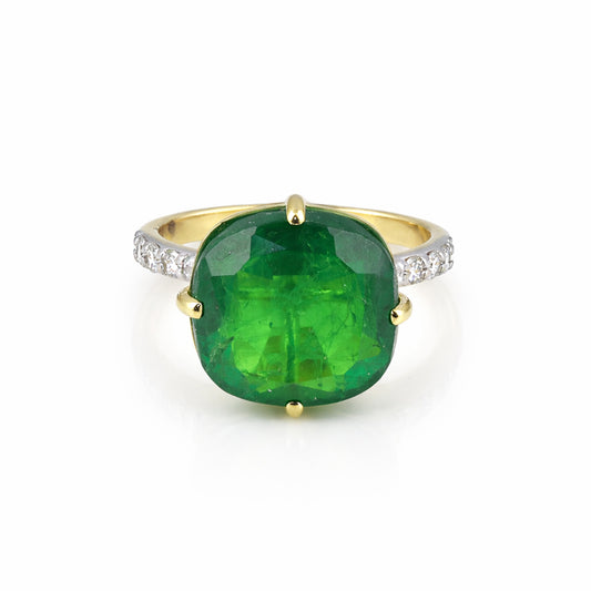 9K/14K Lab Grown Emerald Cushion Cut Ring with Diamond Accents - BIS Hallmarked Gold