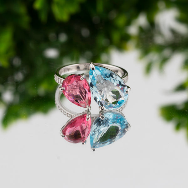 14K/18K Lab Grown Topaz Pear Cut Ring with Diamond Accents - BIS Hallmarked Gold