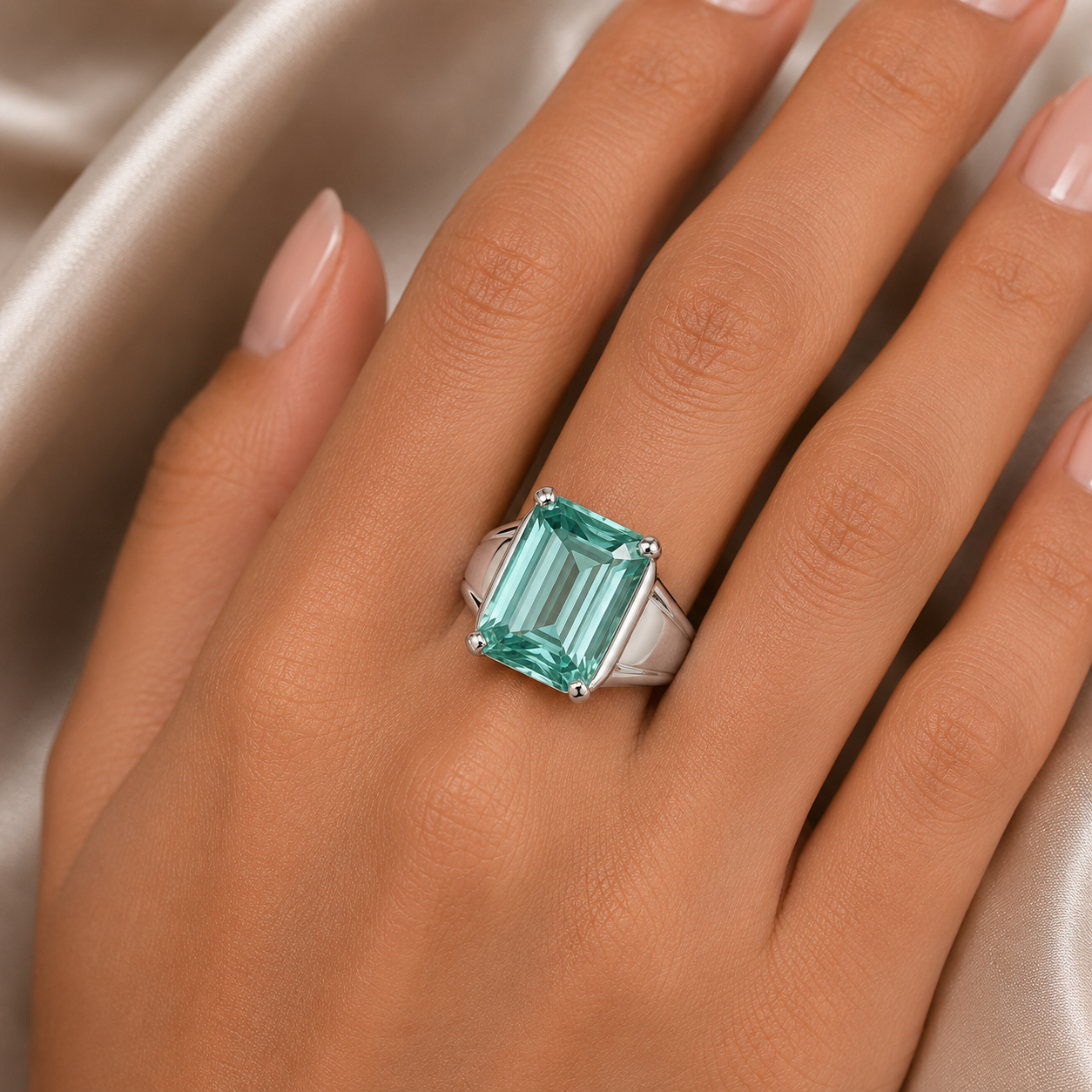 9.5ct DEW Blue Moissanite Emerald Solitaire Ring