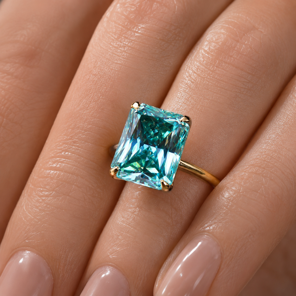 10.4ct DEW Blue Moissanite Emerald Solitaire Ring