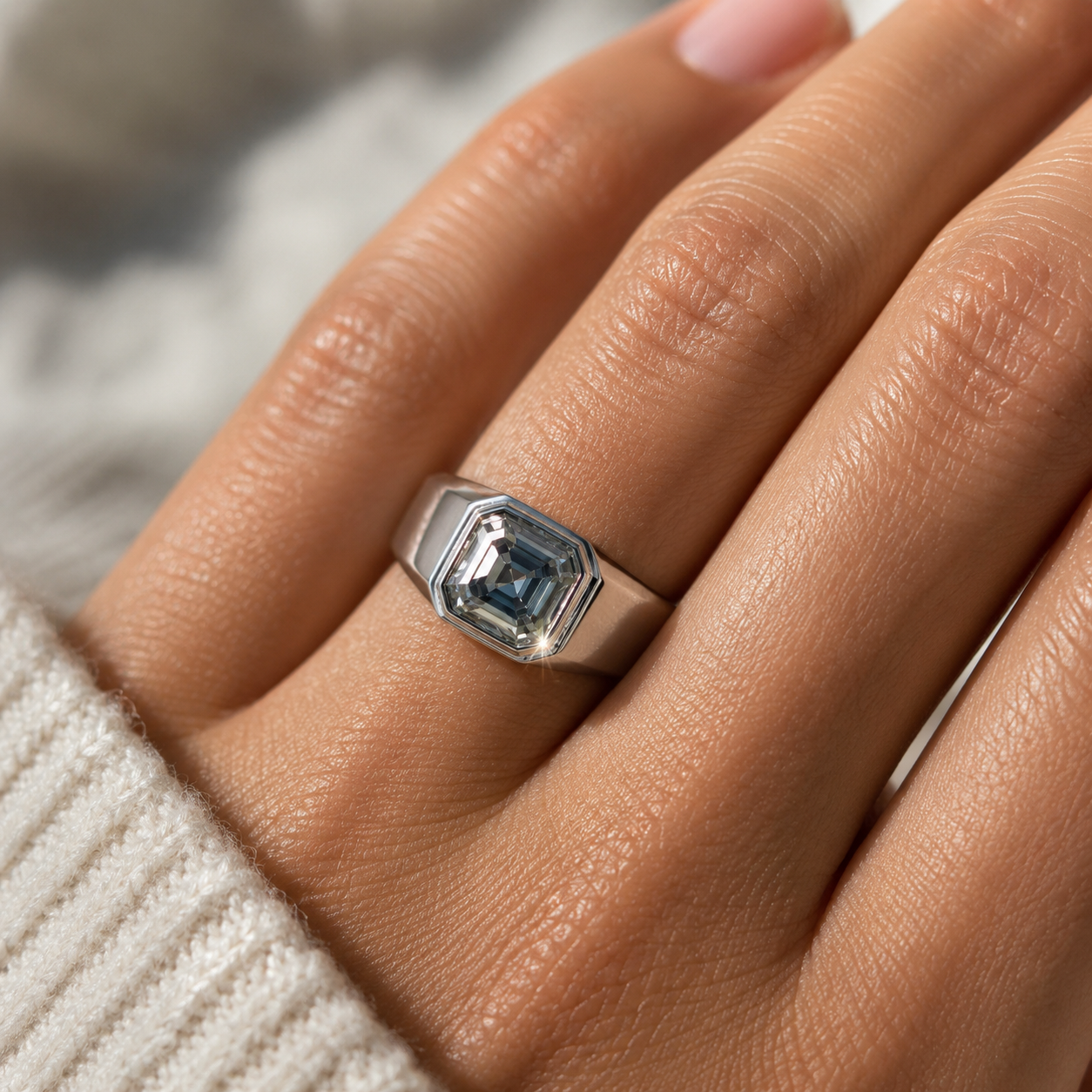 3.7ct DEW Grey Moissanite Asscher Solitaire Ring