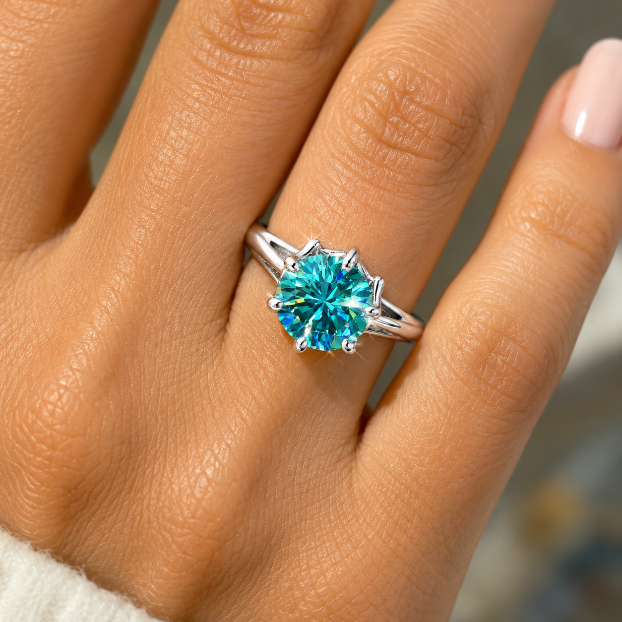 3.65 ct DEW Blue Moissanite Round Solitaire Ring - 18K Gold Vermeil on 925 Sterling Silver