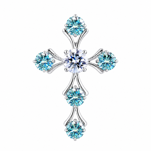 5.00 ct DEW Round Cut Blue & White Moissanite In Gold Vermeil Plus-Shape Necklace