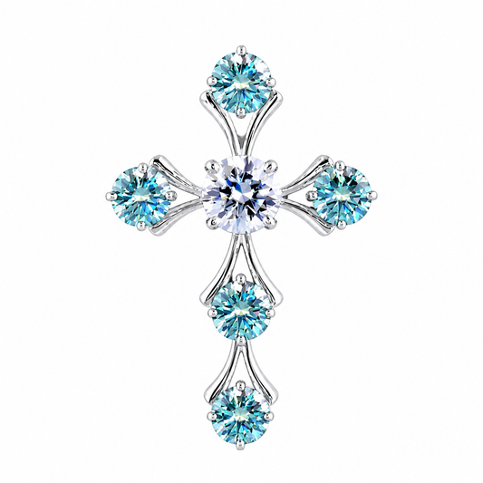 5.00 ct DEW Round Cut Blue & White Moissanite In Gold Vermeil Plus-Shape Necklace