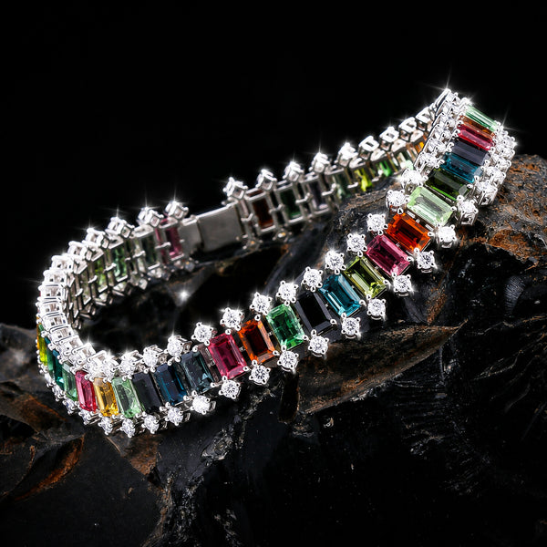 14K/18K Lab Grown Multi-Color Sapphire Bracelet – Emerald Cut, 15.9ct, BIS Hallmark Gold