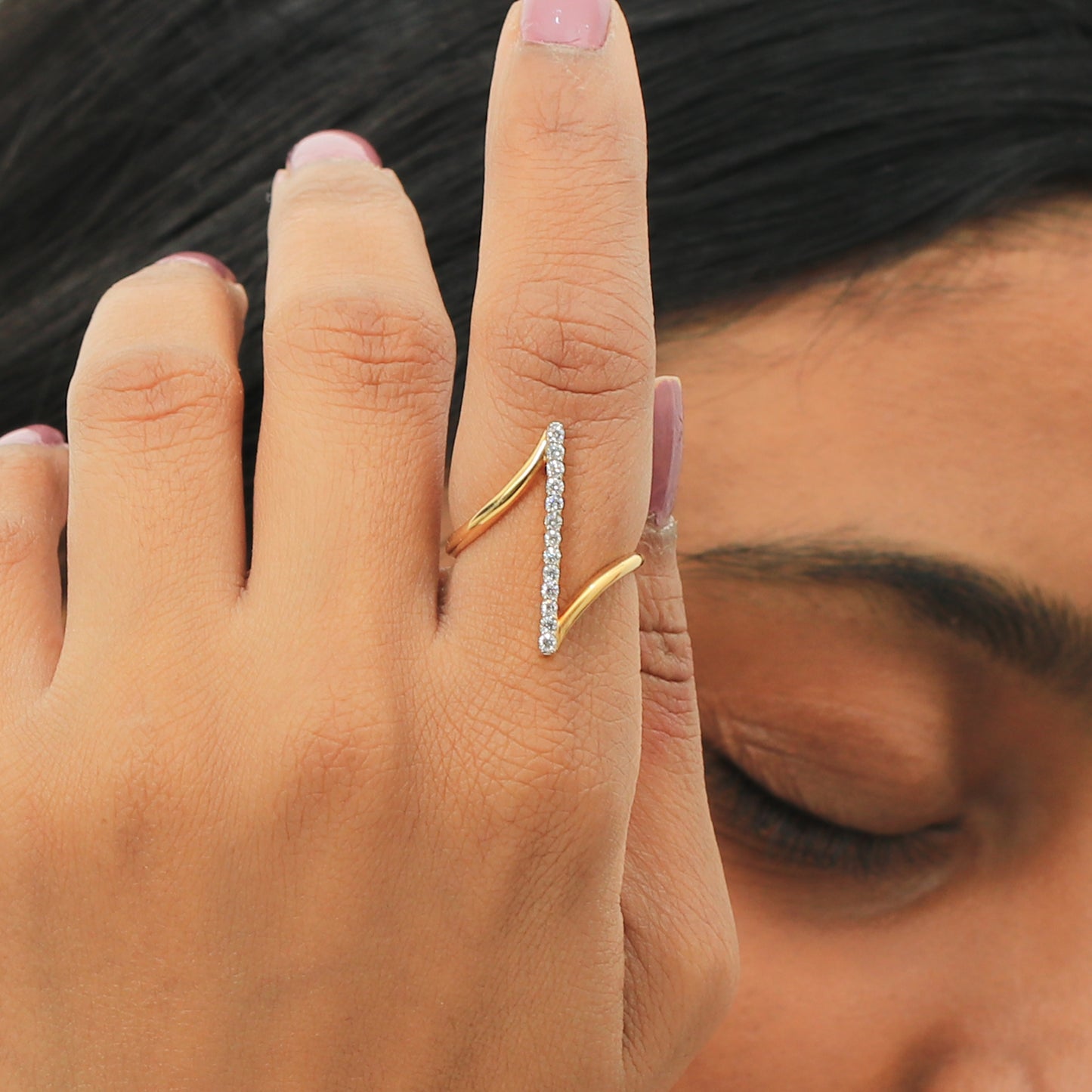 Modern Vertical Bar Open Ring with Diamonds