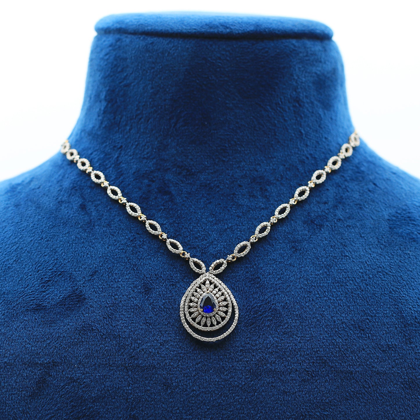 Gold And Diamond Necklace Set With Blue Sapphire Stones