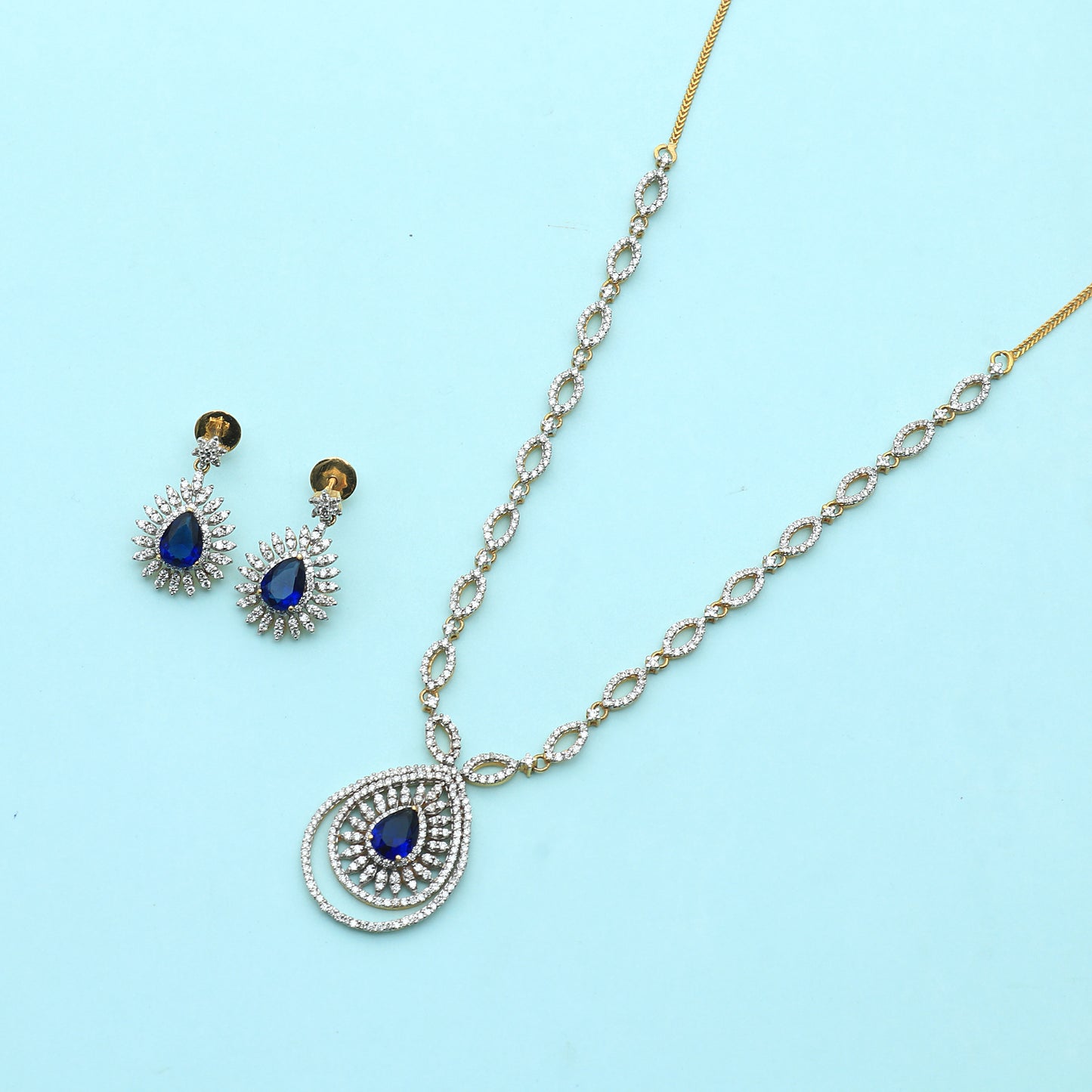 Gold And Diamond Necklace Set With Blue Sapphire Stones