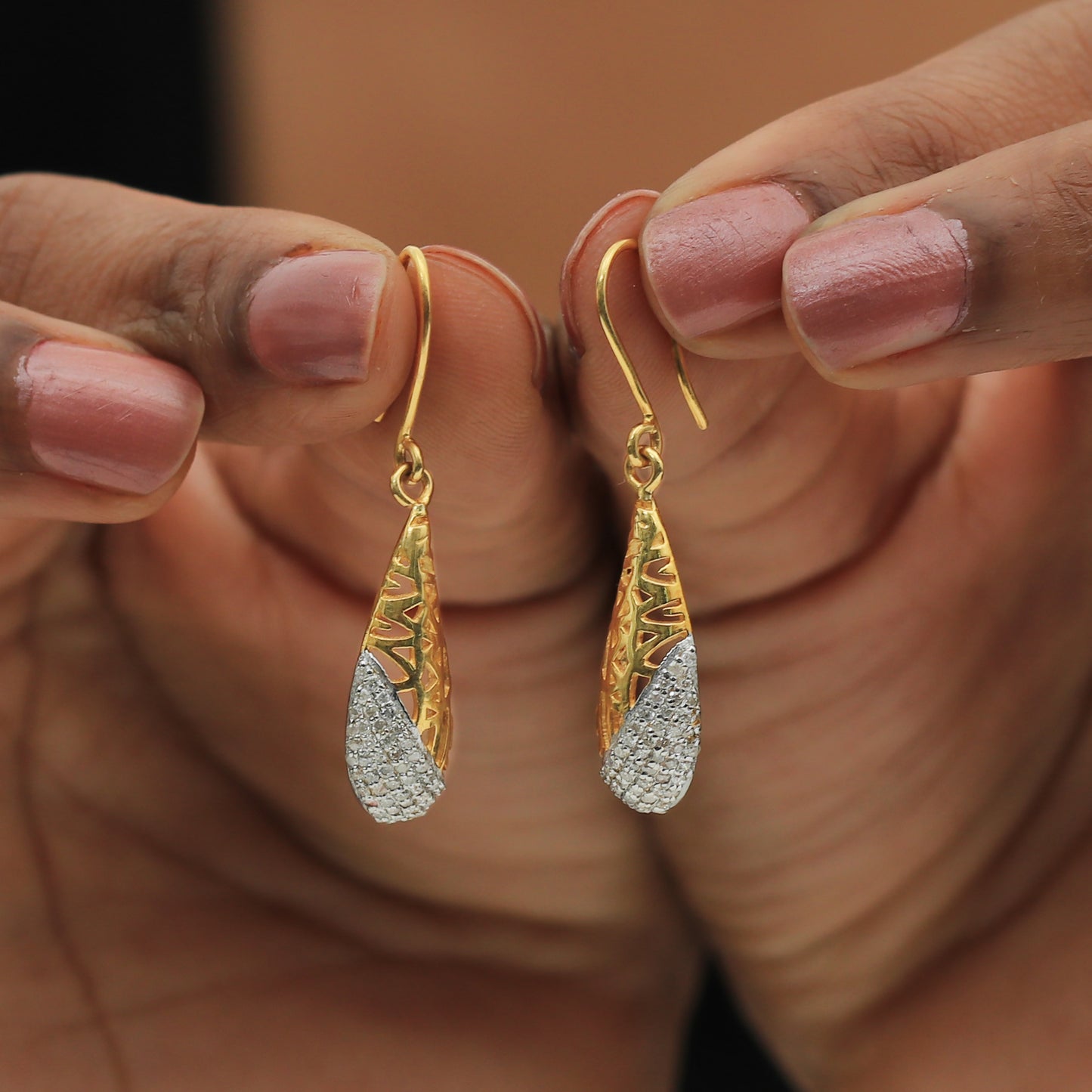 Textured Gold & Diamond Teardrop Earrings in 18K