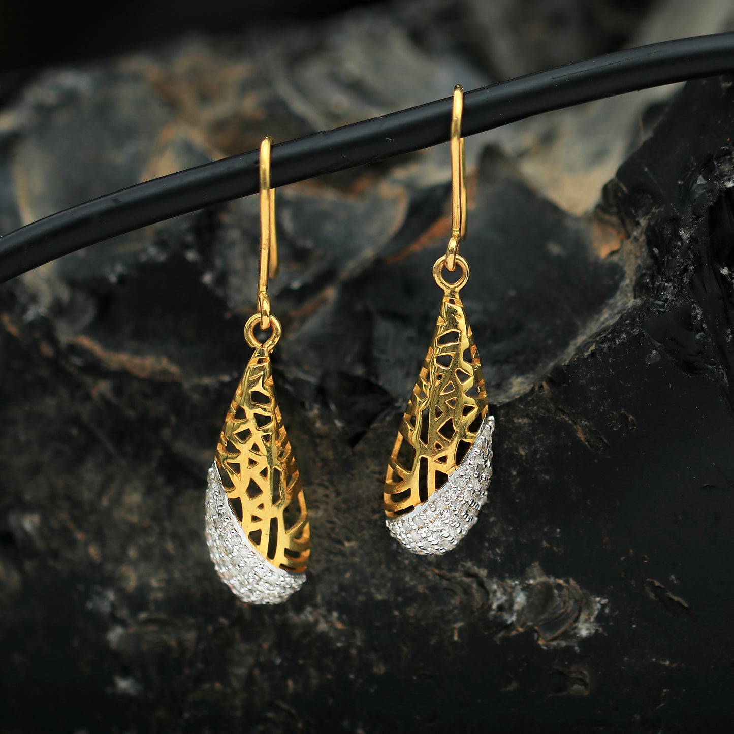 Textured Gold & Diamond Teardrop Earrings in 18K