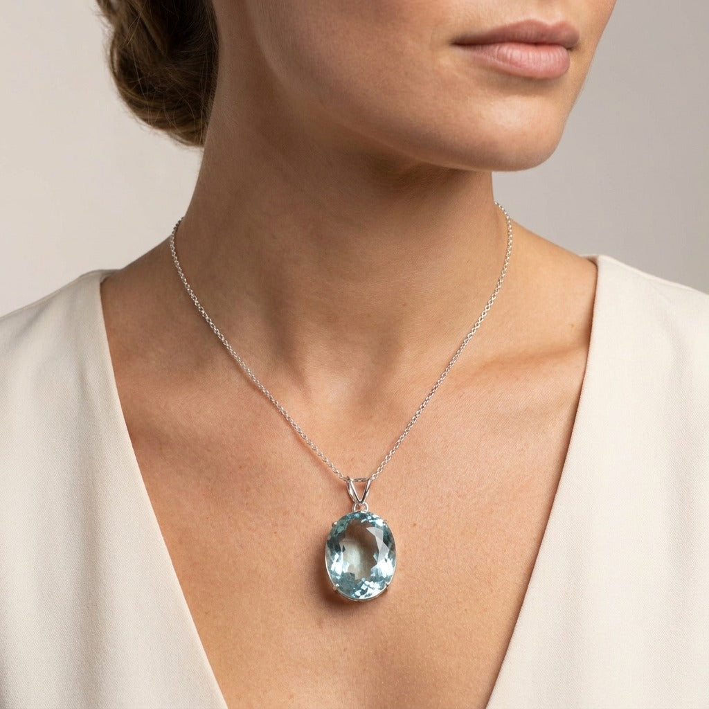 GEMHUB model-wearing (AI) Sky Blue Aquamarine Oval 90 Ct