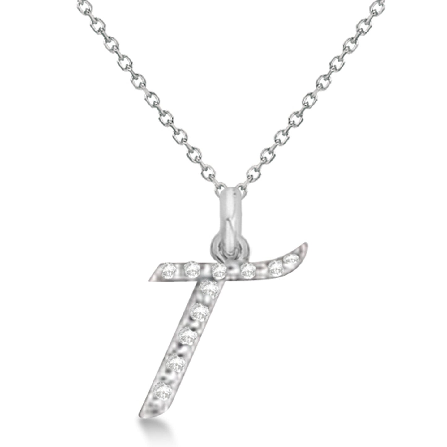 Lab Grown Diamond Initial Letter T Pendant, White Gold finish, Sterling Silver - GEMHUB & CO.