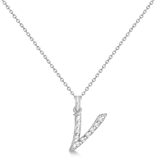 Natural Diamond Initial Letter V Pendant, White Gold - Detail View