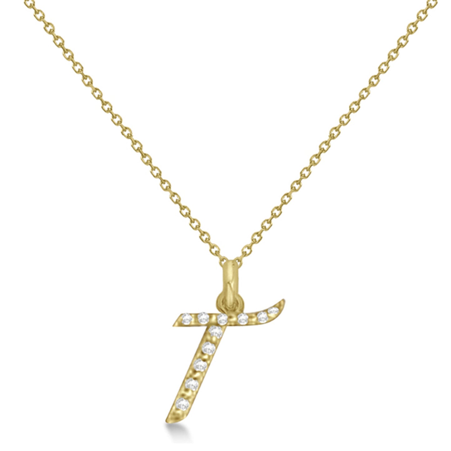 Natural Diamond Initial Letter T Pendant, Yellow Gold - Detail View