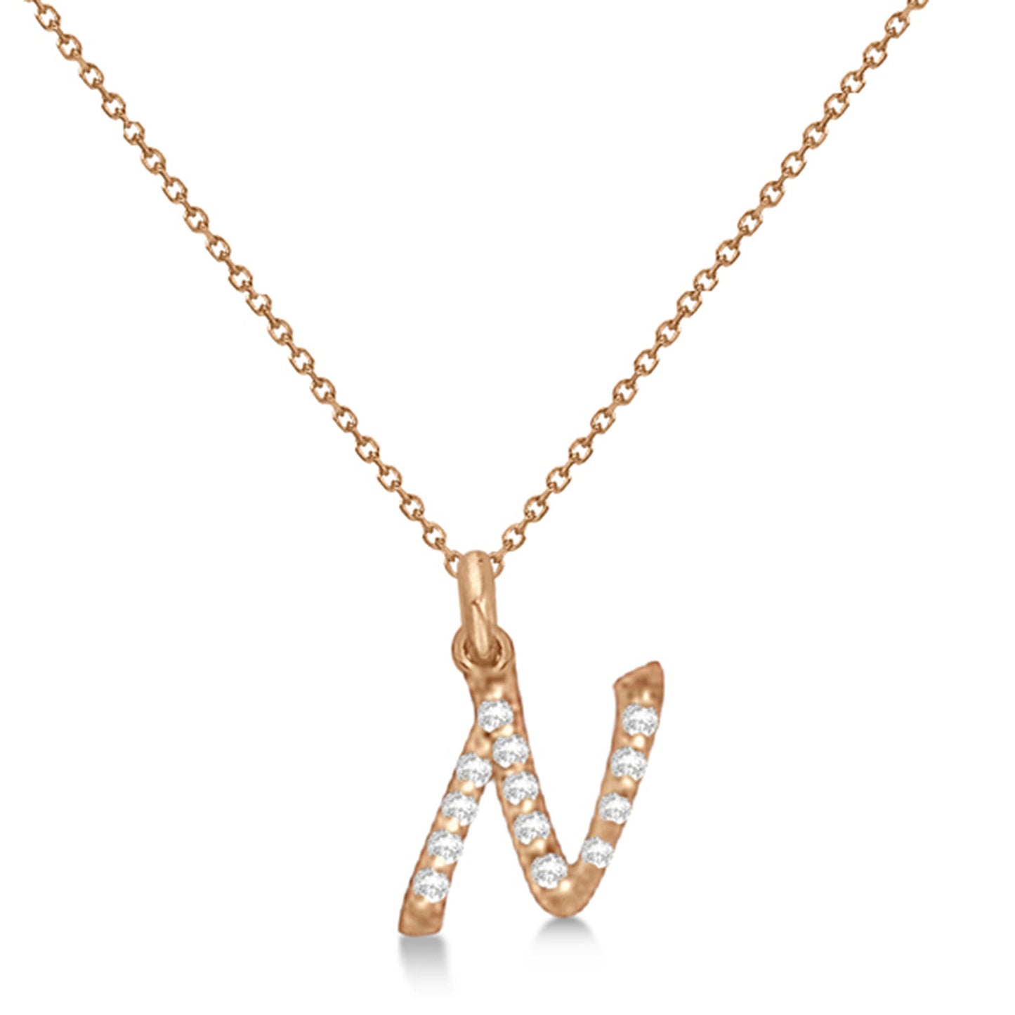 Natural Diamond Initial Letter N Pendant, Rose Gold - Detail View