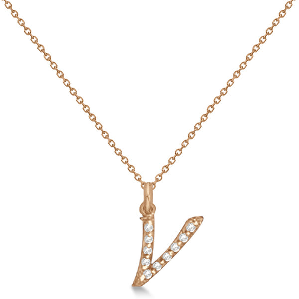Natural Diamond Initial Letter V Pendant, Rose Gold - Detail View