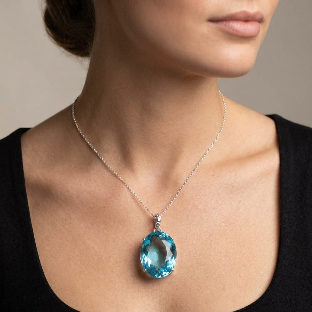GEMHUB model-wearing (AI) Blue Topaz Oval 88.5 Ct