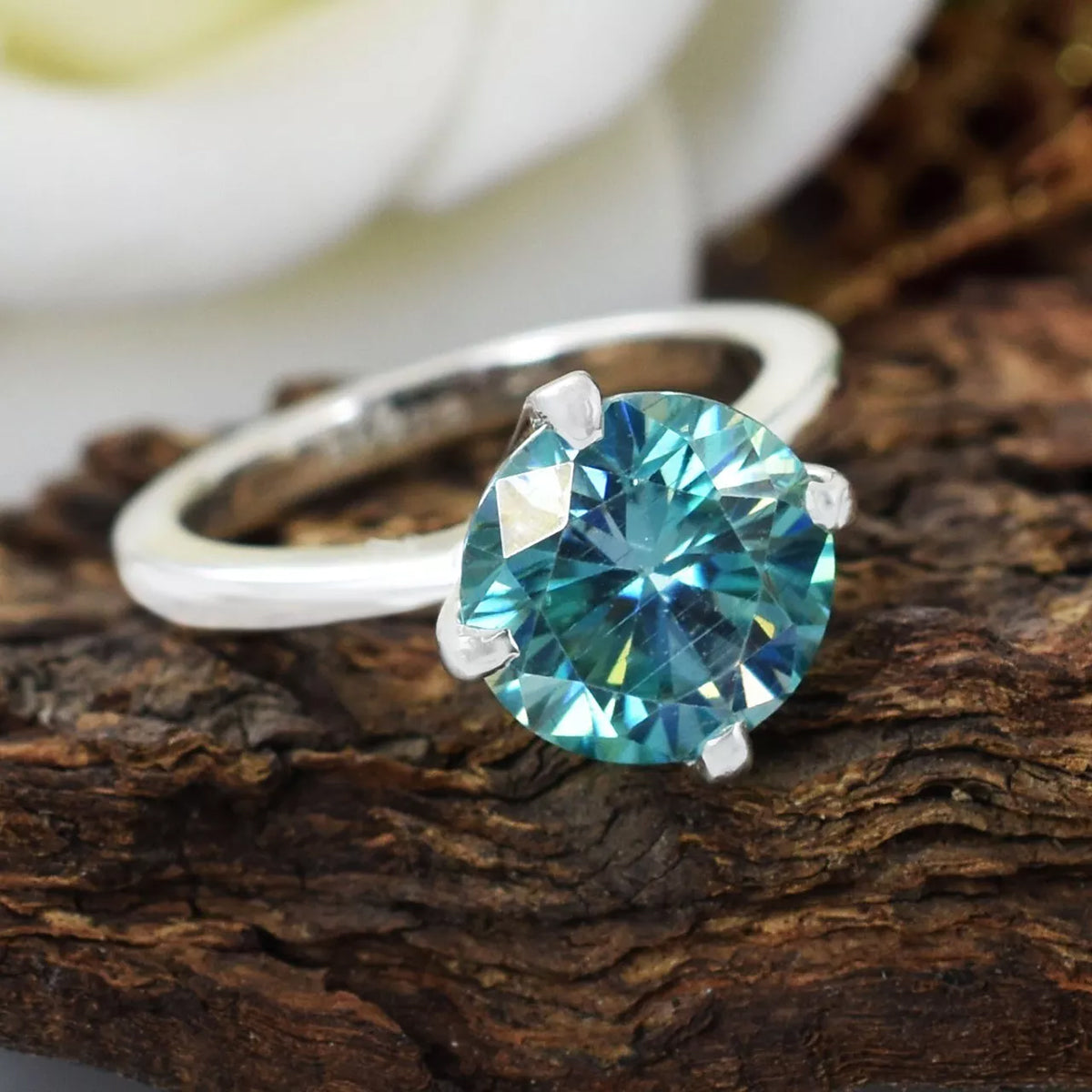 Certified 2.80 ct DEW Round Cut Blue Solitaire Moissanite Ring In Gold Vermeil