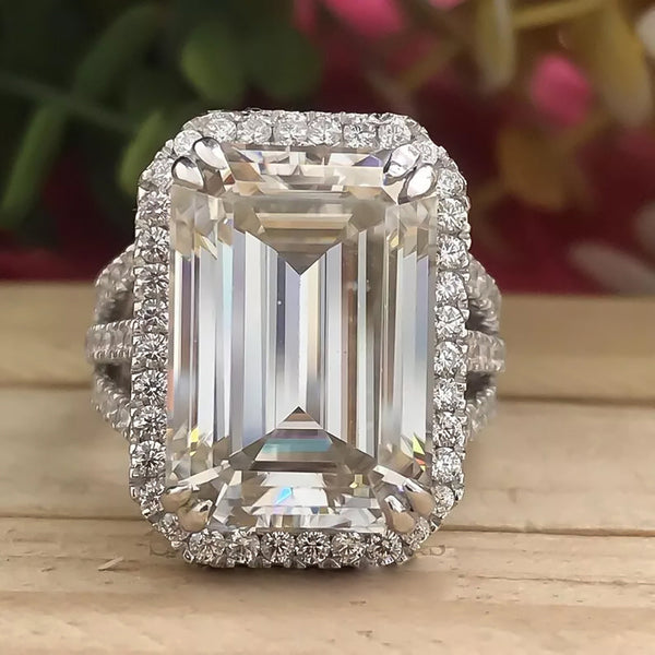 16.9ct DEW White Moissanite Emerald Solitaire Ring