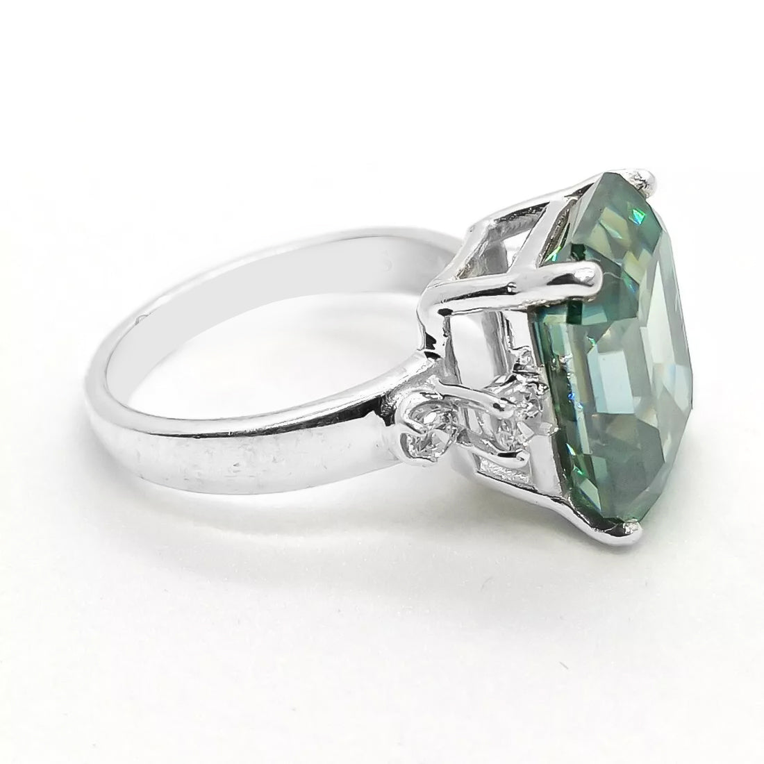 7.8ct DEW Blue Moissanite Emerald Solitaire Ring