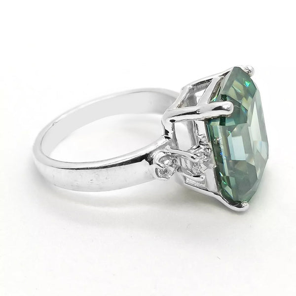 7.8ct DEW Blue Moissanite Emerald Solitaire Ring