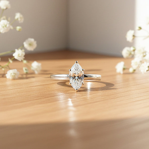 1.50 ct DEW Certified Marquise Cut White Moissanite Ring In 18K Gold Plated