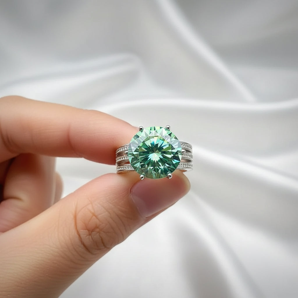 10.5ct DEW Blue Moissanite Round Solitaire Ring