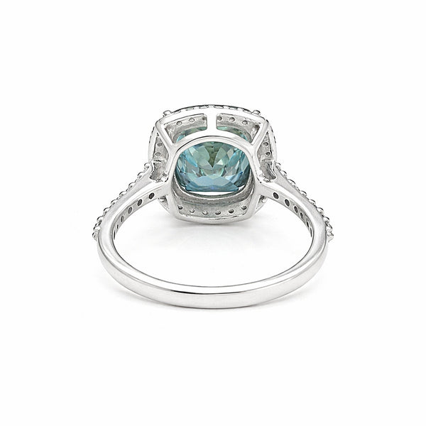 Close-up of large blue emerald step cut, VS1 clarity, full crown and table