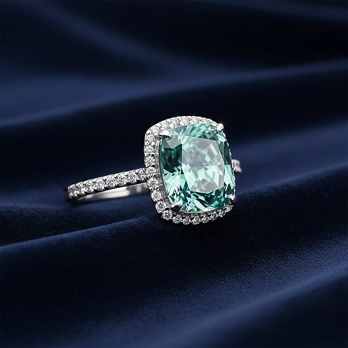 Top view of 4.4ct blue emerald lab diamond showing step facets and saturation