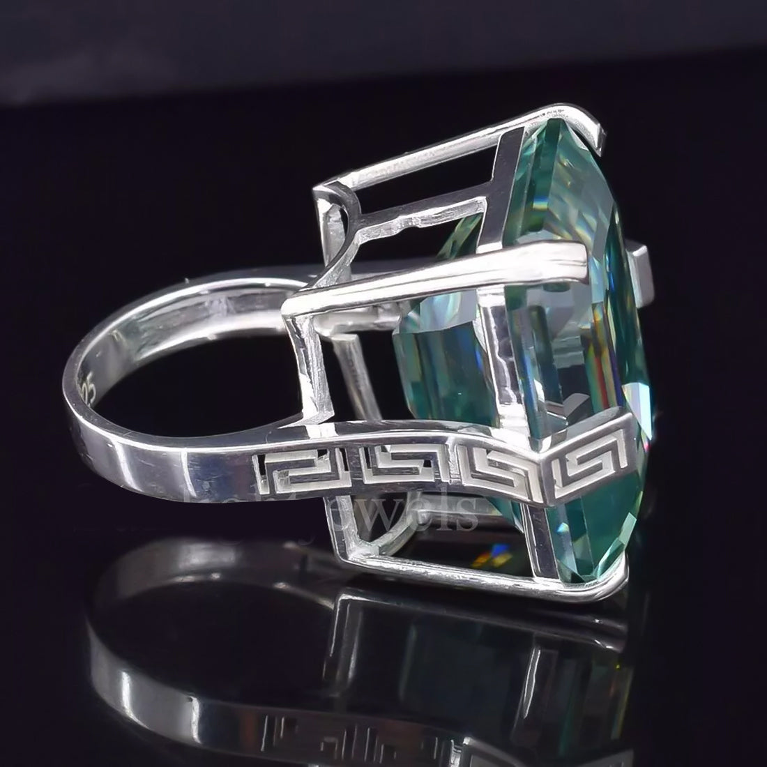 18.6ct DEW Blue Moissanite Emerald Solitaire Ring