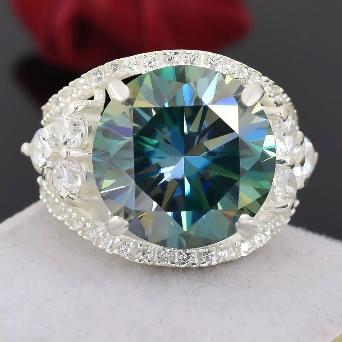 RARE 16.10 ct DEW Certified Treated Blue Moissanite Solitaire Ring In Gold Vermeil